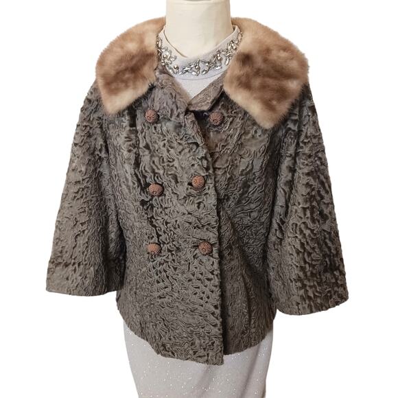 Persian Lamb Pea Coat BLONDE MINK Collar Size S LT Brown Curly Fur Jacket Bell